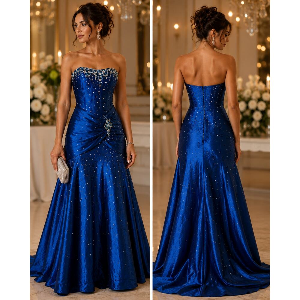 Mori Lee Madeline Gardner Blue Sequin Strapless Ball Gown 9/10 Prom
